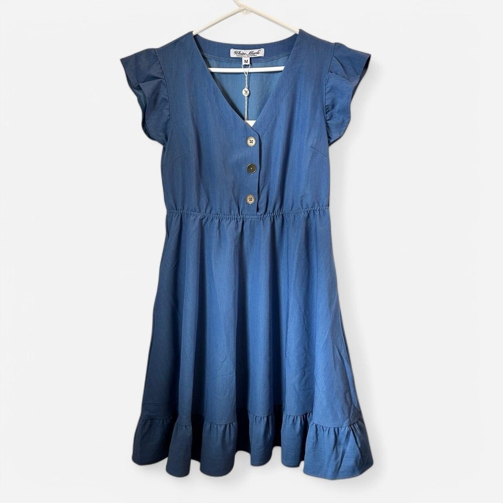 Blue White Mark Mini Dress Flutter Sleeves Size Medium